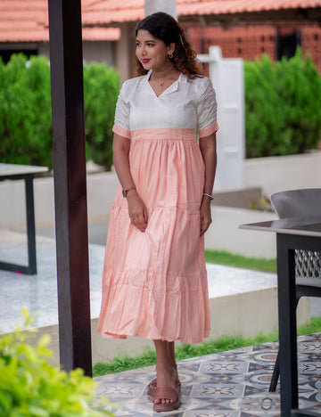 PEACH WITH OFF WHITE JAQUARD RIYAH MIDI DRESS