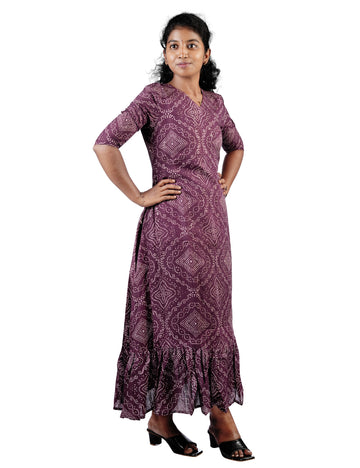 WINE COLOR PRINTED BANDHINI RENU A-LINE MAXI
