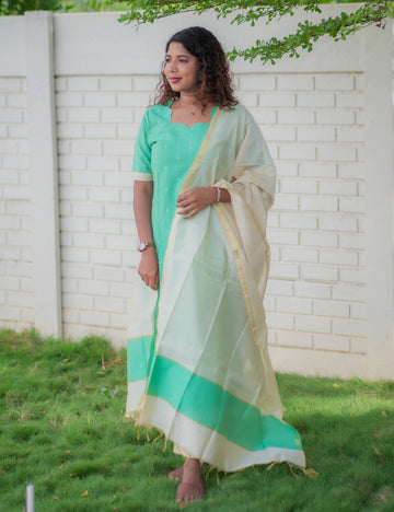 AQUA GREEN RAWSILK INIYA KURTI SET 3 PCS