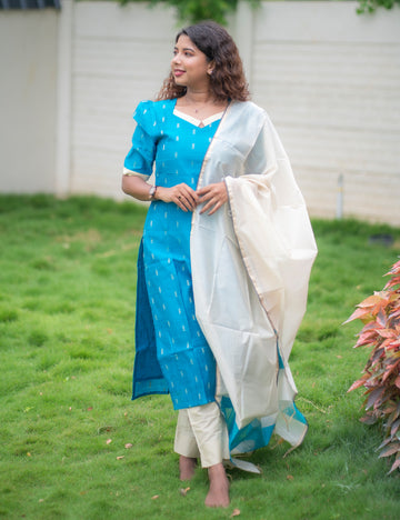 TEAL BLUE RAWSILK BUTTA DIVYA KURTI SET 3 PCS