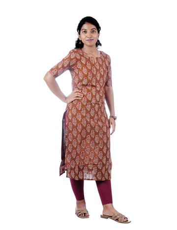 BROWN FLORAL PRINTED OVIYA STRAIGHT KURTI