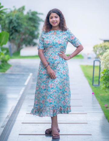 COOL GREEN FLORAL HAKOBA CHARM A LINE MAXI