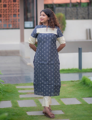 GREY/OFFWHITE RAWSILK VENBA KURTI SET 2 PCS