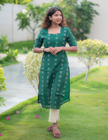 BOTTLE GREEN RAWSILK VRUKSHA 2 PCS KURTI SET