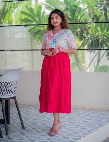 CRIMSON RED ROMAN SILK WITH DIGITAL PRINTED KOTA NILA MAXI