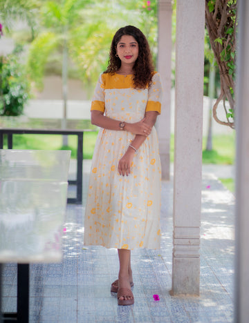 OFFWHITE ALLOVER YELLOW EMBROIDERED WITH MUSTARD RAWSILK OSHNI DRESS
