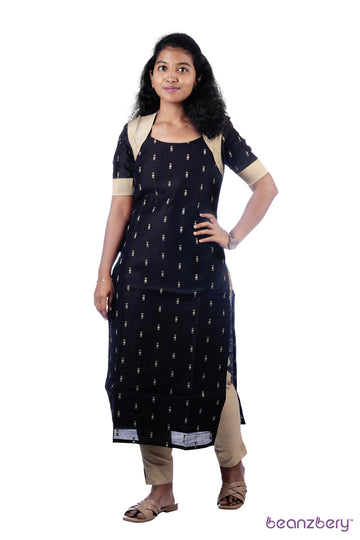 BLACK WITH GOLD RAW SILK KIARA ETHNIC KURTA SET 3PC