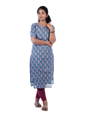 DENIM BLUE PRINTED MAYAA STRAIGHT-CUT KURTI
