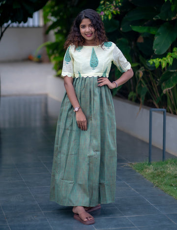 GREEN MELANGE SLUBSILK WITH IVORY CHANDERI SILK ZARA FULL FROCK