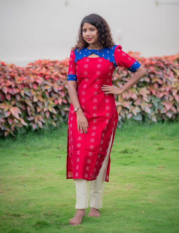 CRIMSON RED WITH ROYAL BLUE RAWSILK LAASYA KURTI SET 2PC