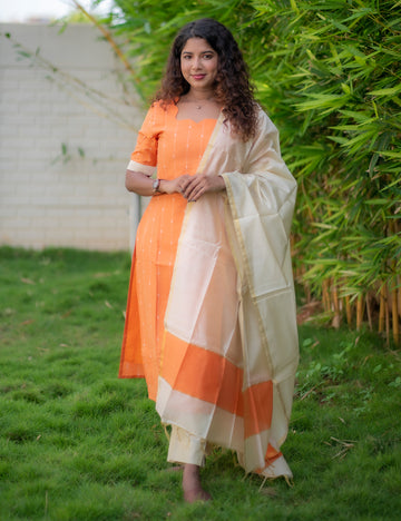 PEACH ORANGE RAW SILK BUTTA DESI GRACE KURTI SET 3 PCS