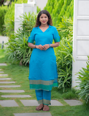 SKYBLUE PLAIN WITH ELEGANT BORDER MAYIL CO-ORD SET 2PC