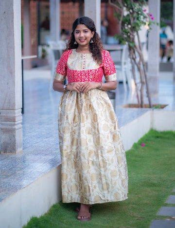 CREAM WITH RED BANARASI SHINY FULL FROCK