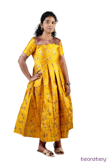 YELLOW WITH MAROON BANARASI SILK DHIYAA DRESS