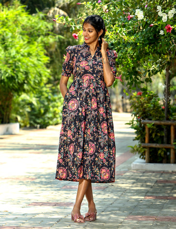 Black Nishika Floral Cotton Maxi Dress for Women