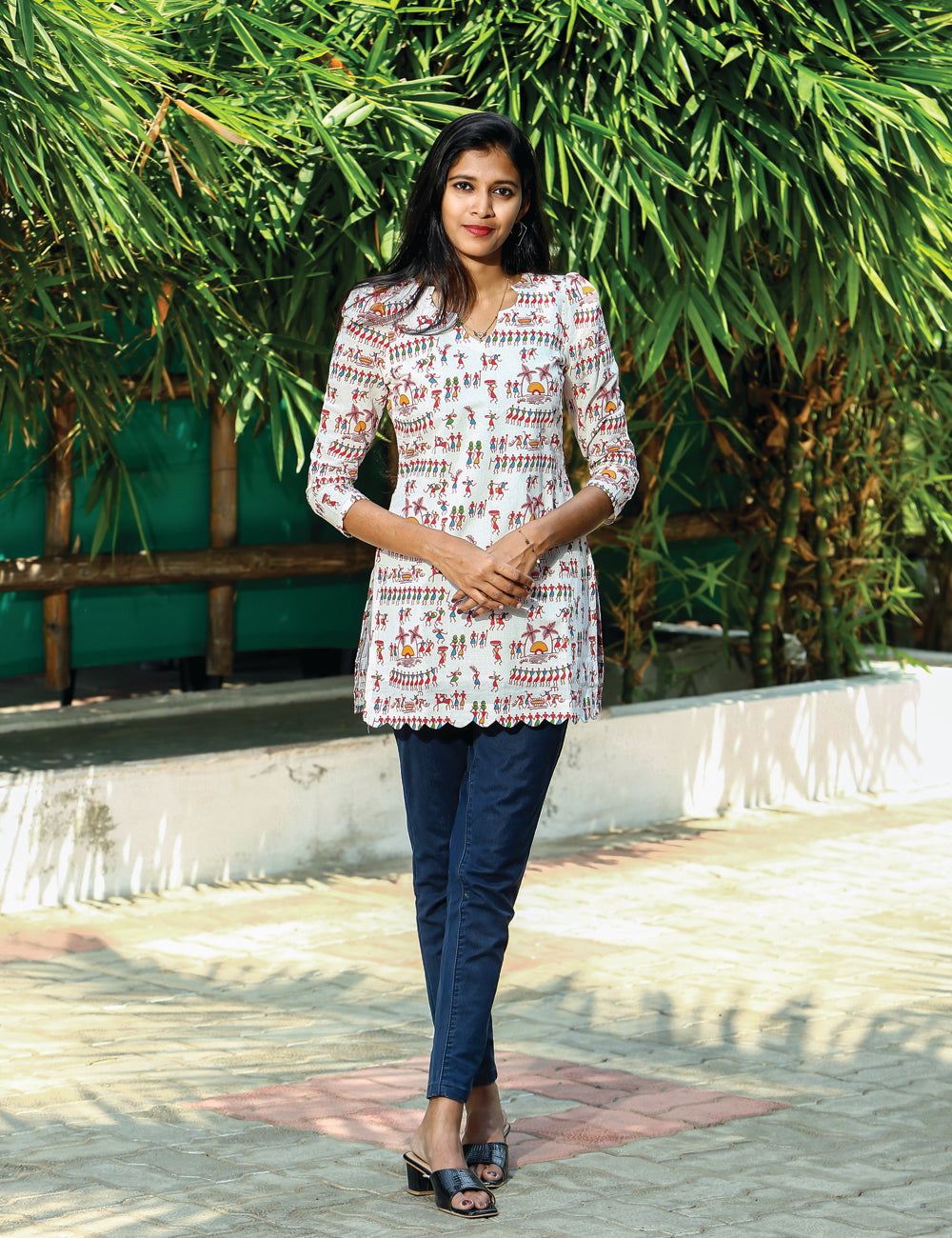 White Warli Kalamkari Crop Top for Women
