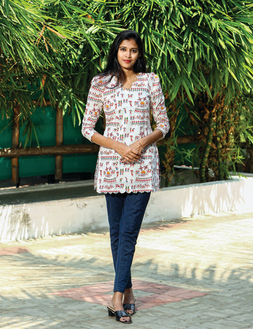 White Warli Kalamkari Crop Top for Women