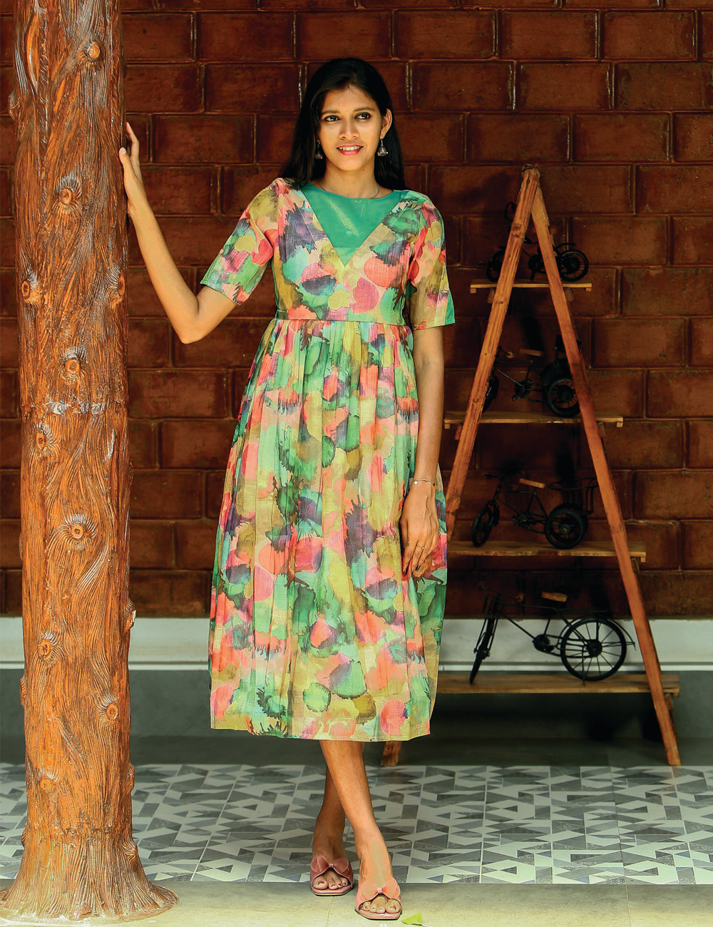 Myra Multi Color Gold Silk Maxi for Women