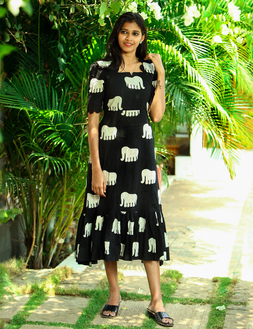 Black Elephant Print Cotton Maxi Dress for Women