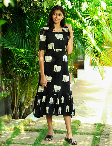 Black Elephant Print Cotton Maxi Dress for Women