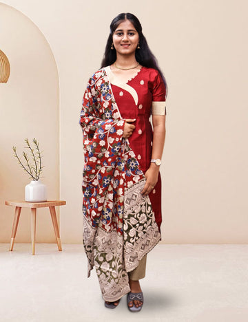 Maroon Raw Silk Kurti Set with Cotton Kalamkari Dupatta