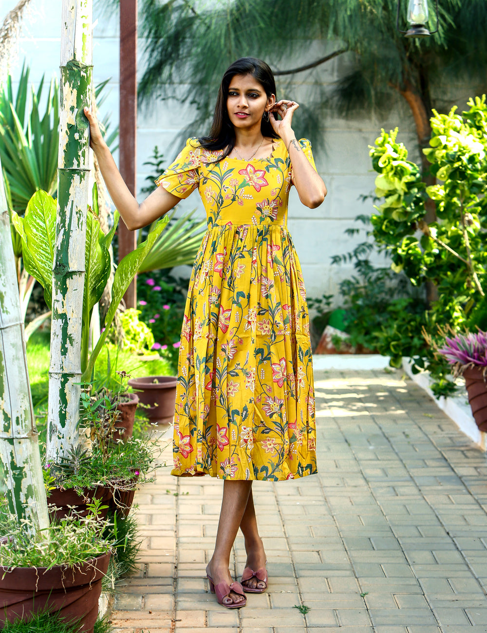 Mustard Saisha Floral Cotton Maxi Dress for Women
