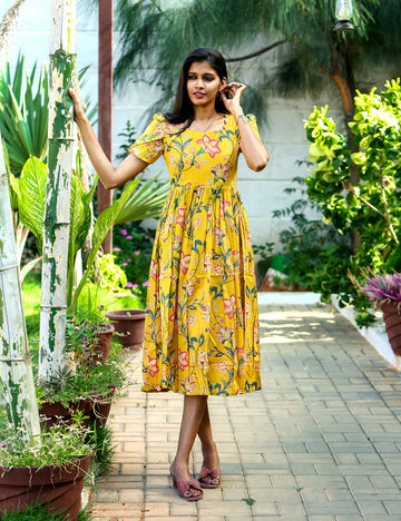 Mustard Saisha Floral Cotton Maxi Dress for Women