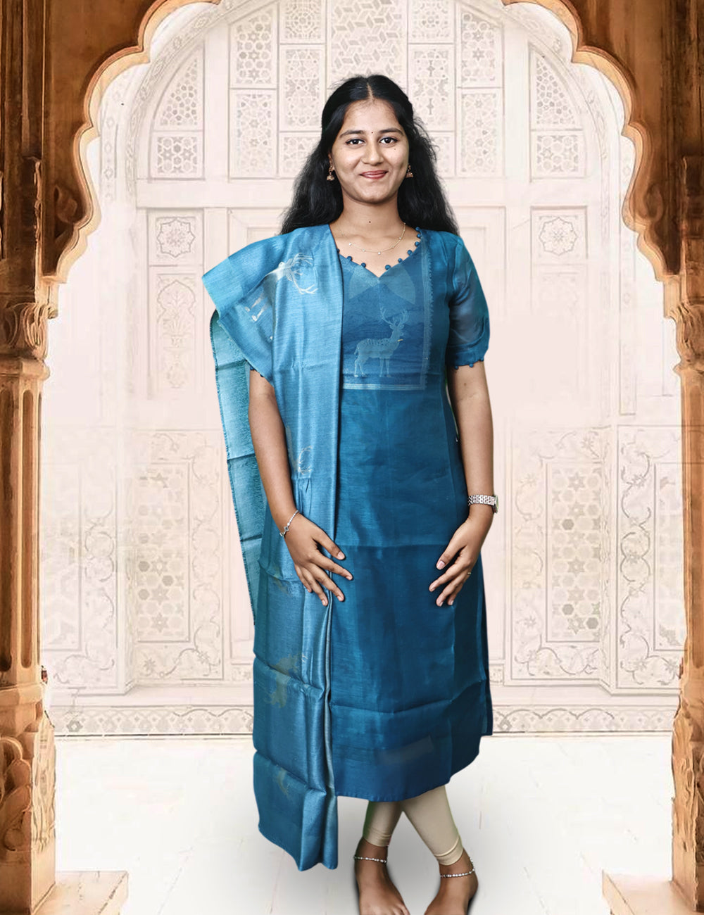 Teal Blue Deer Motif Kurti and Dupatta Set