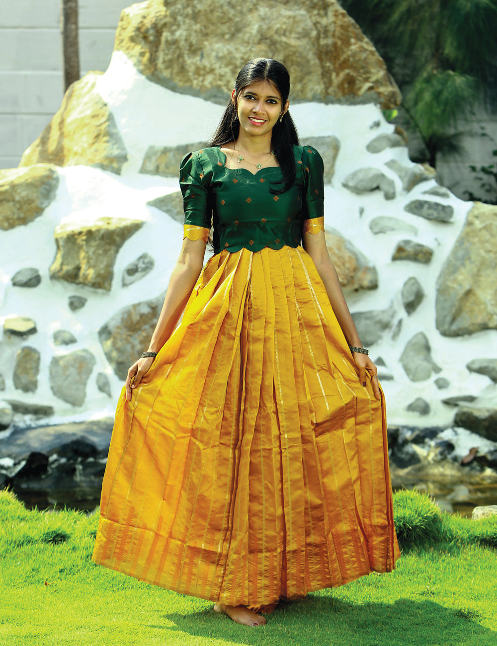 Mustard Green Ethnic Skirt & Blouse Set for Women | Festive Wedding outfit| Beanzbery Aarini