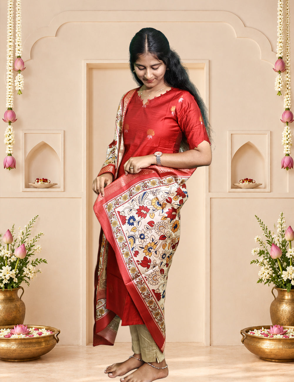 Red Raw Silk Kurti Set with Madhubani Printed Dupatta