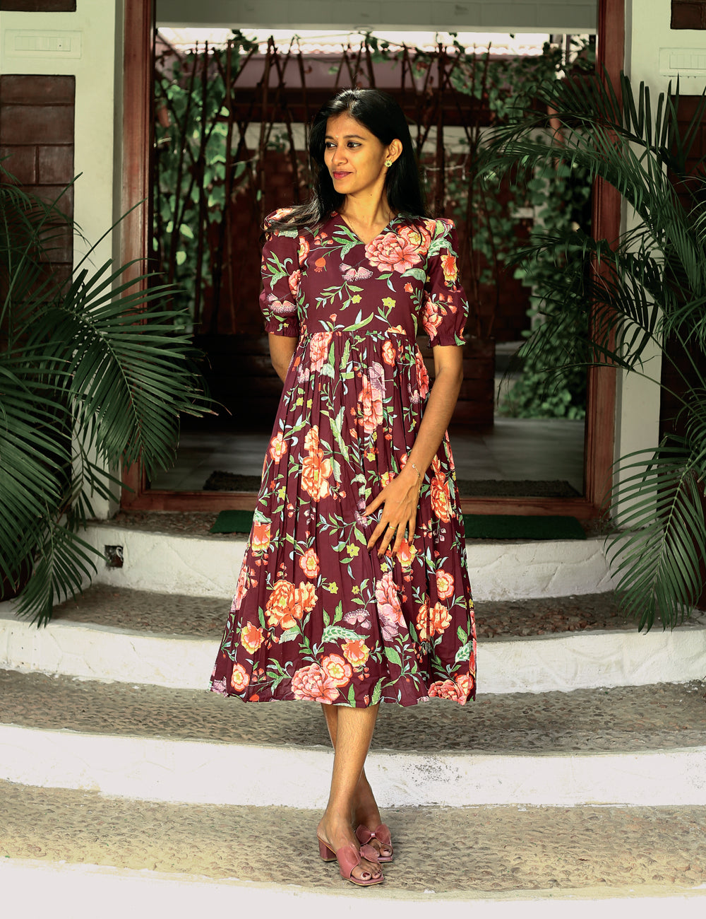 Maroon Roslyn Floral Cotton Maxi Dress for Women