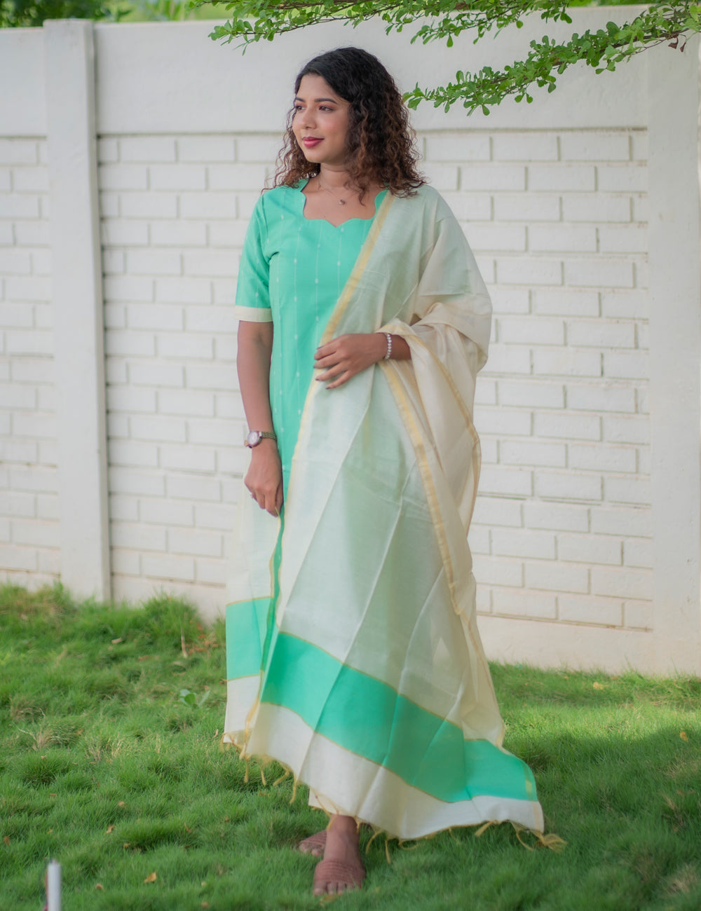 AQUA GREEN RAWSILK INIYA KURTI SET 3 PCS