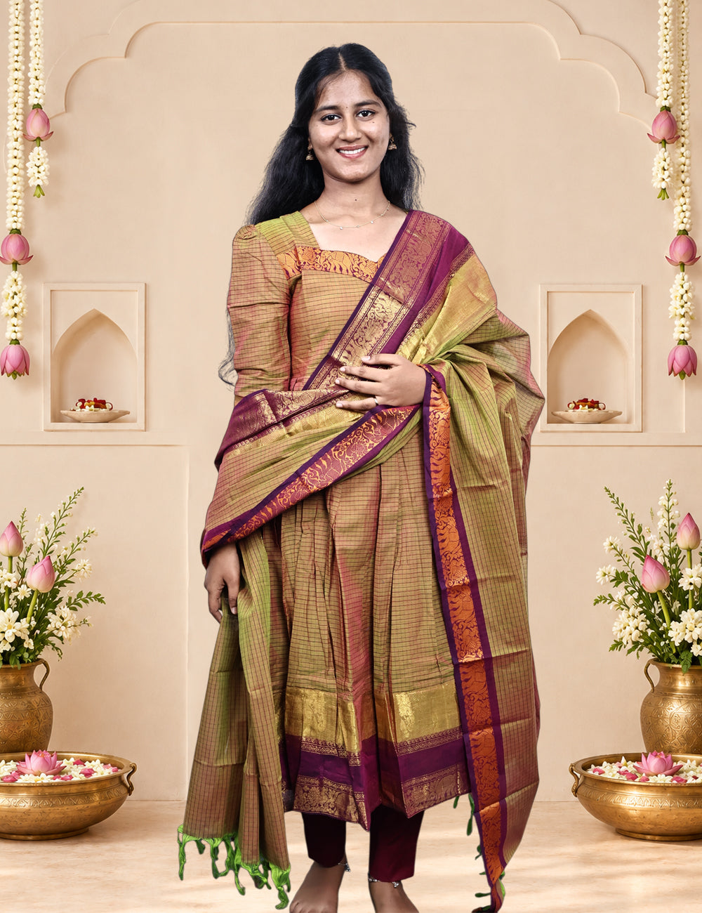 Brown Chettinad Cotton Kurti & Dupatta Set