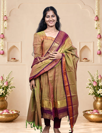Brown Chettinad Cotton Kurti & Dupatta Set