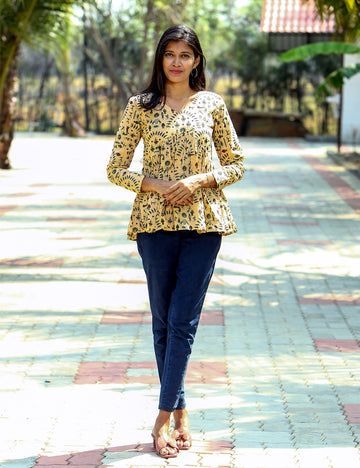 Beige Ivory Warli Kalamkari PeplumTop for Women