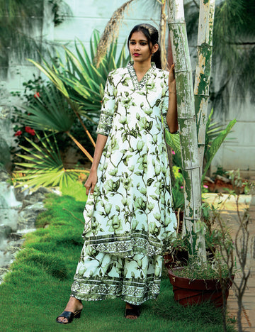White Green A-Line Co-Ord Set for Women / Premium bsa Stretch Fabric