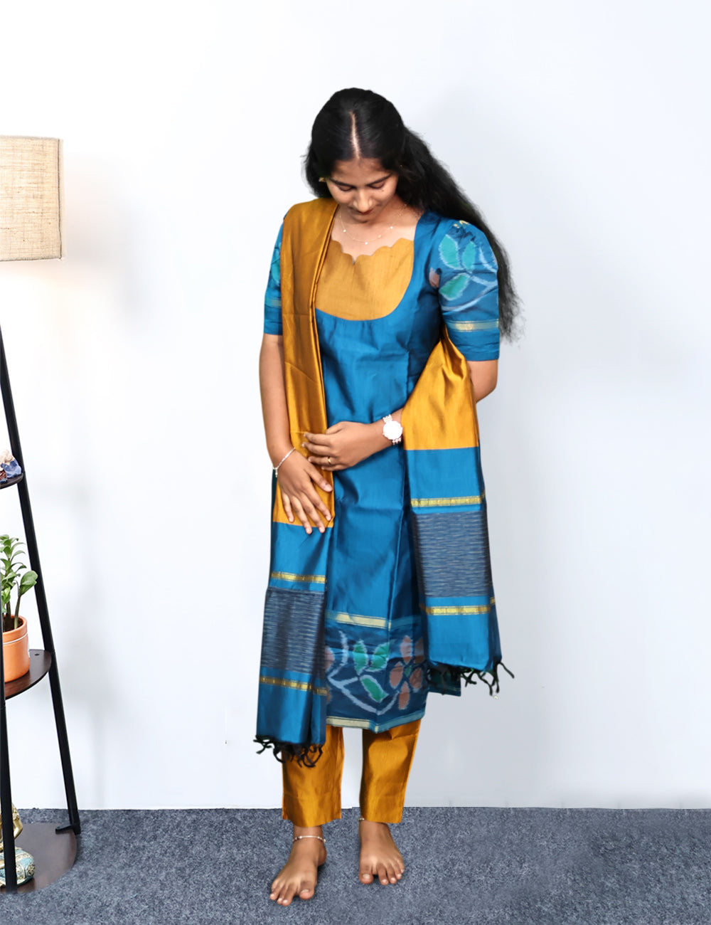 Teal blue Pochampally Siko Silk 3-Piece Kurti Set