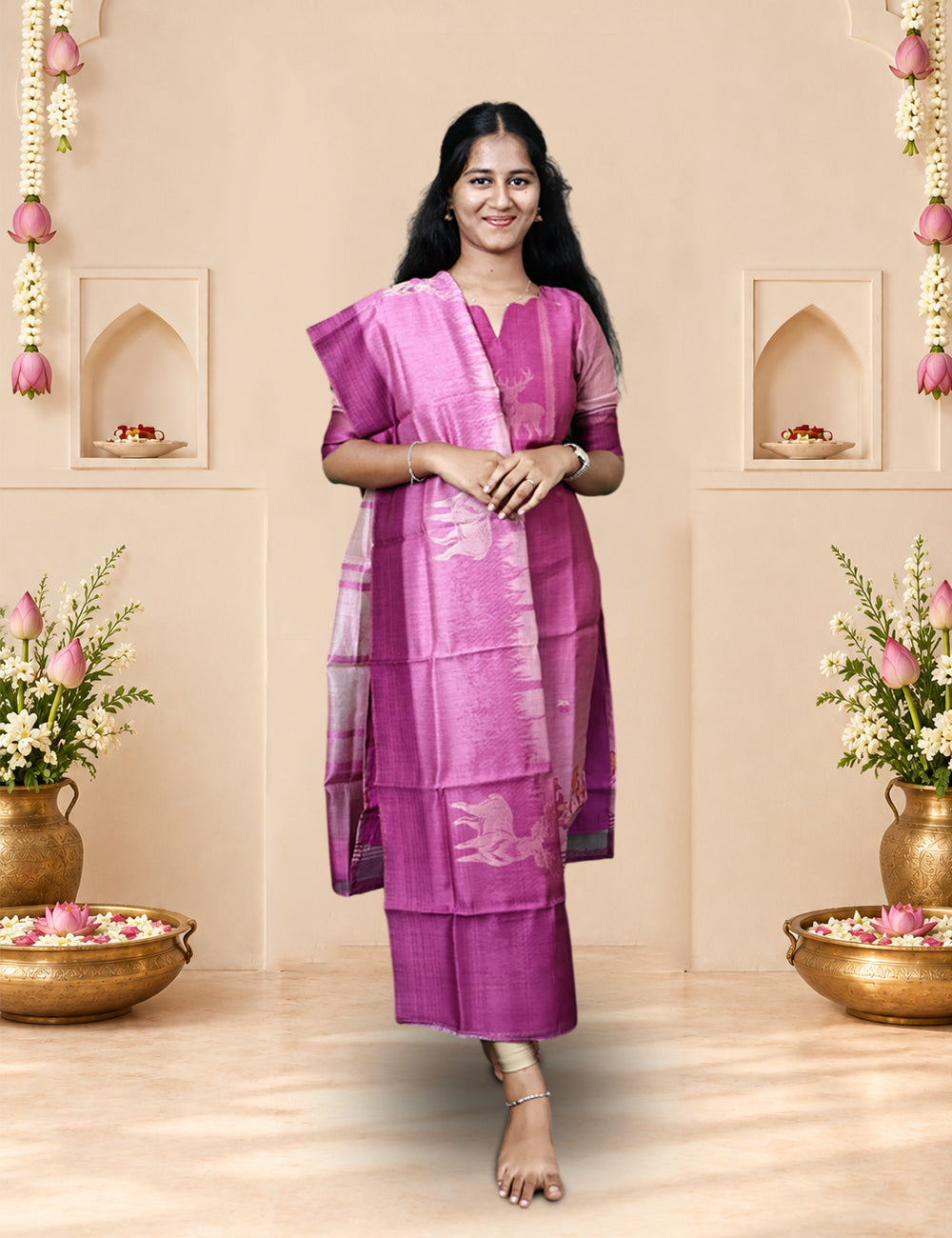 Mauve Deer Motif Kurti & Dupatta Set