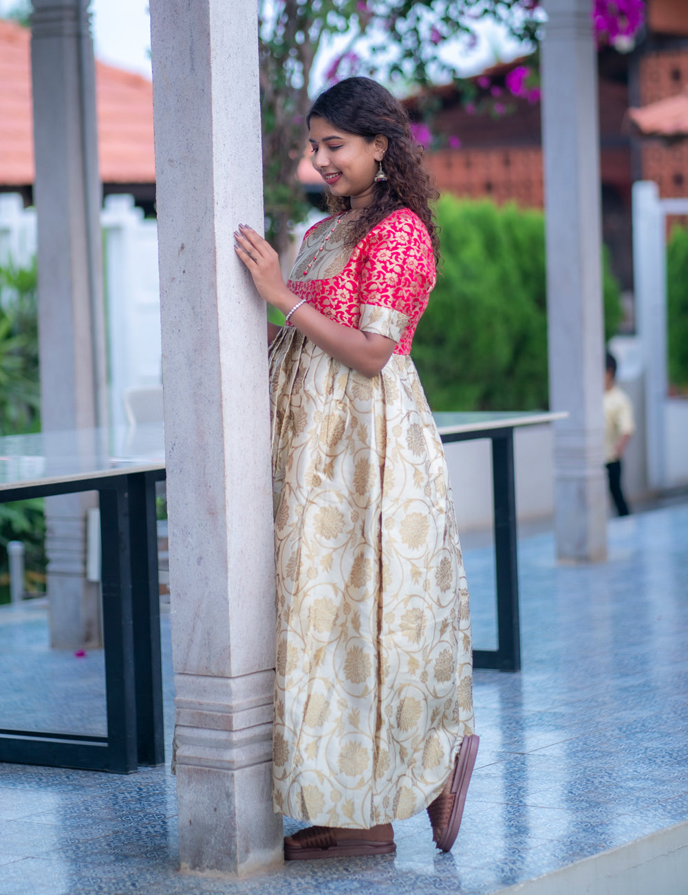 CREAM WITH RED BANARASI SHINY FULL FROCK