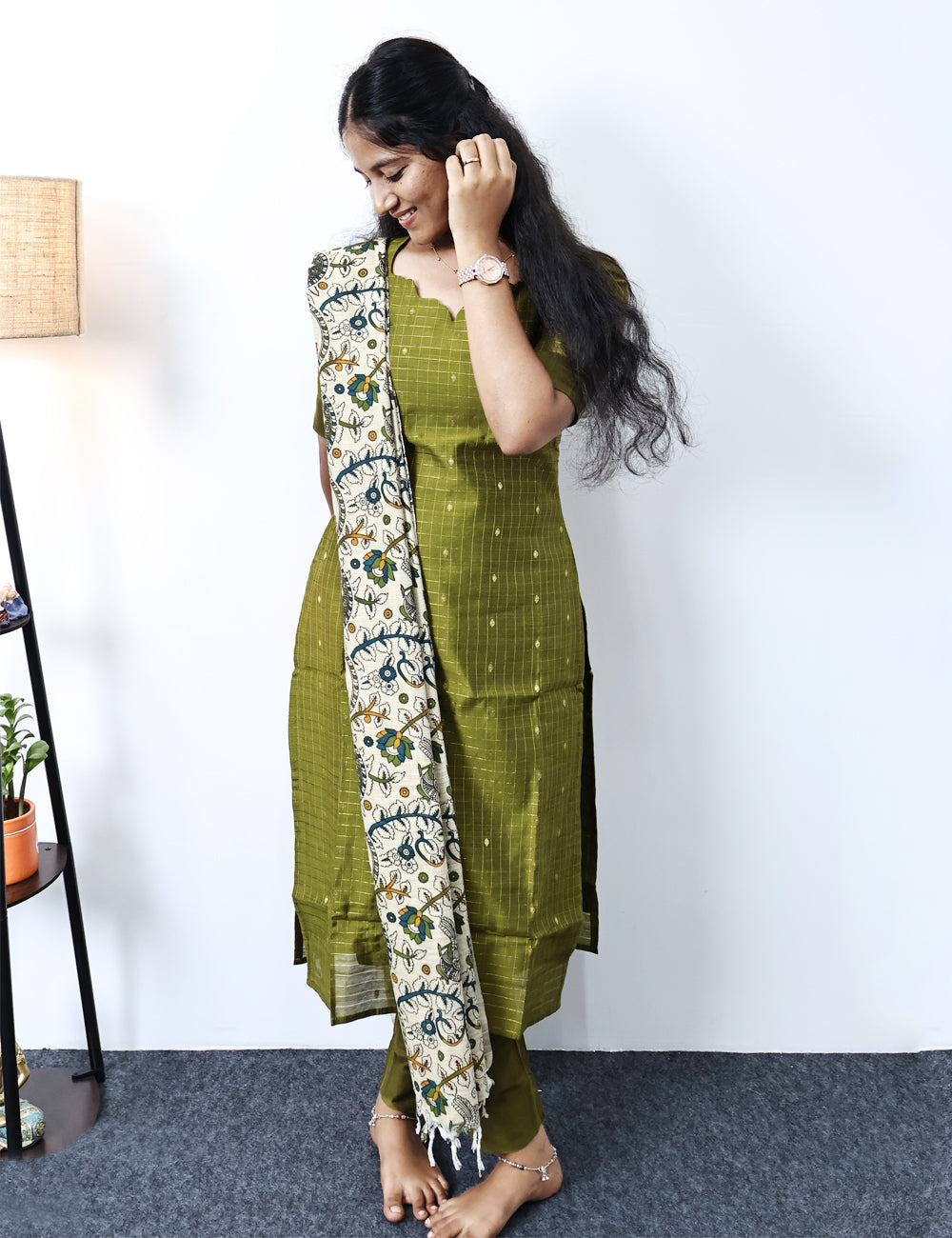 Olive Green Raw Silk Kurti Set with Printed Dupatta