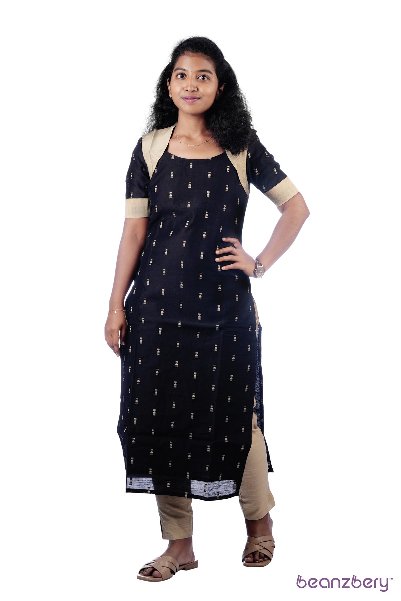 BLACK WITH GOLD RAW SILK KIARA ETHNIC KURTA SET 3PC