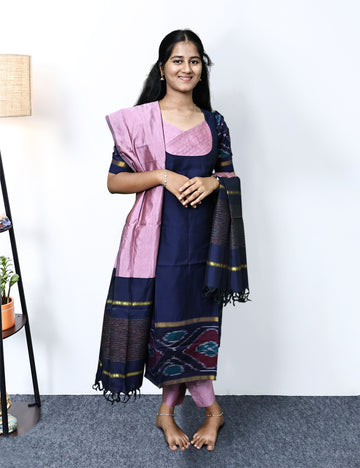 Navy Blue Pochampally Siko Silk Kurti Set with Pink Dupatta