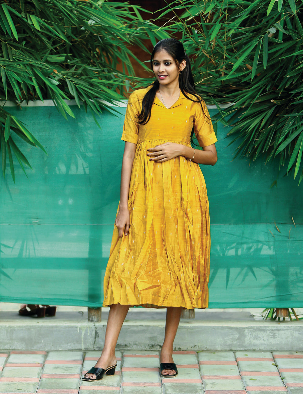 Mustard Yellow Pleated Midi Dress for Women
