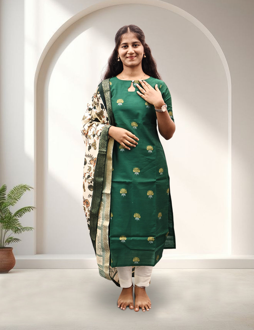 Green Lotus Motif Raw Silk Kurti Set