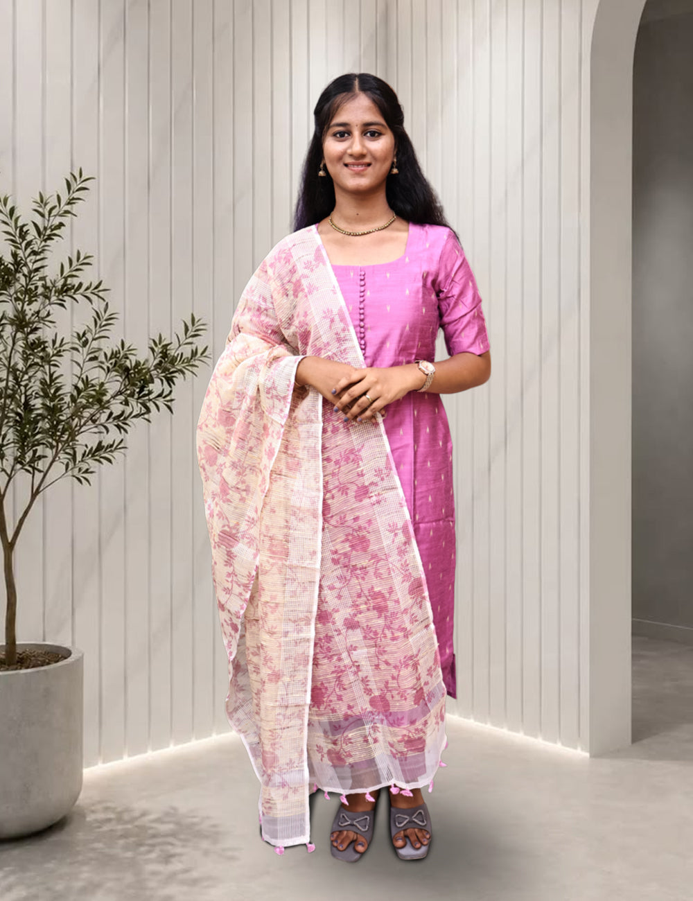 Baby Pink Raw Silk Kurti set with Kota Doria Dupatta