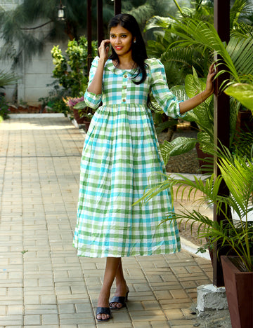 Green checked Vritika Cotton Maxi Dress for Women