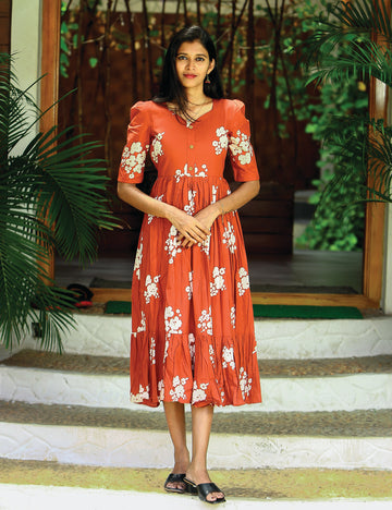 Rust Floral Casual Cotton Maxi Dress for Women | Summer Daily wear  | Beanzbery Myra