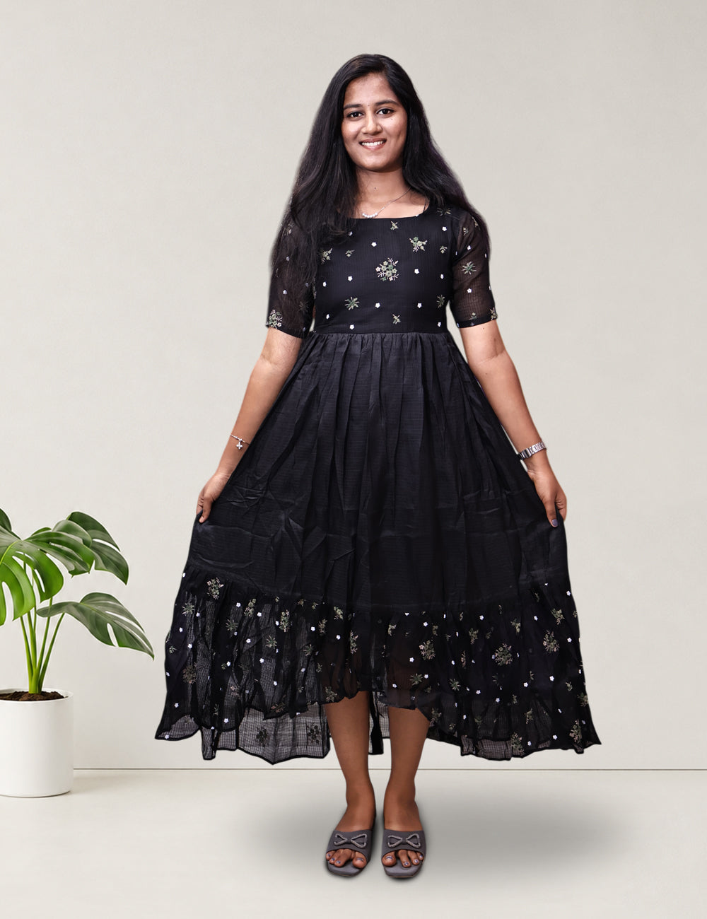 Black Embroidered Kota Flared Maxi Dress