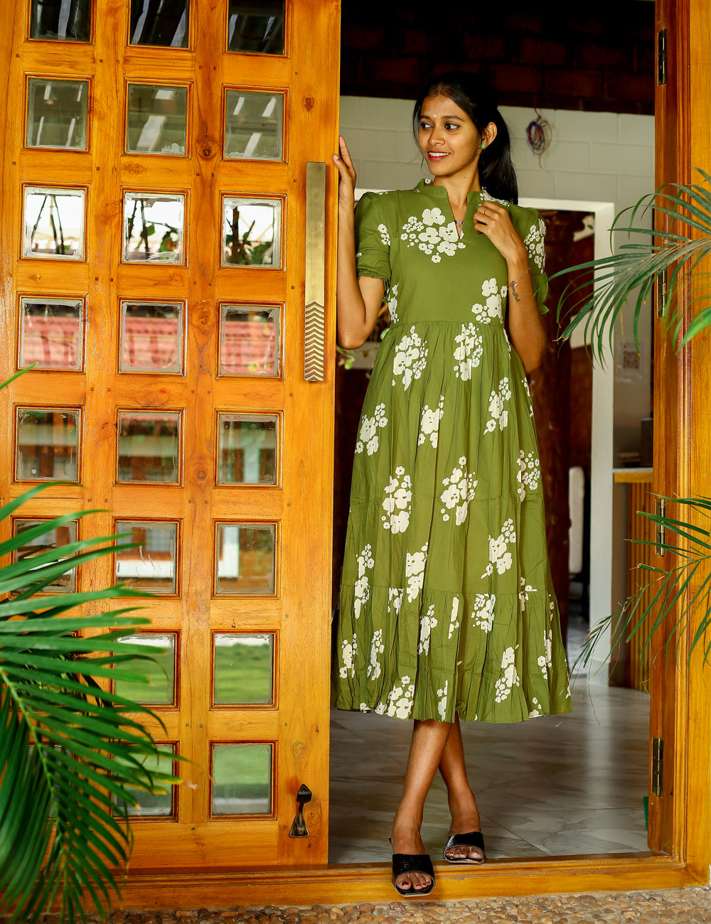 Ishika Olive Bloom Cotton Maxi Dress for Women