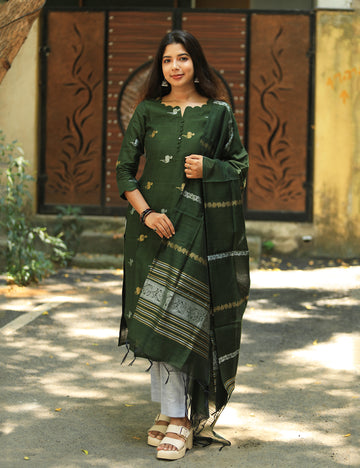 Dark Green Raw Silk Kurti Set with Woven Dupatta